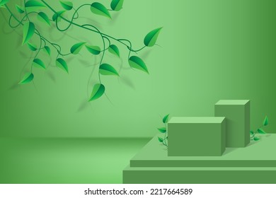 Natural 3d product display podium for mockup cosmetics. 3d realistic cube pedestal with green leaves.The stage for the showcase. Minimalist wall scene for mockup product display.3d podium vector.