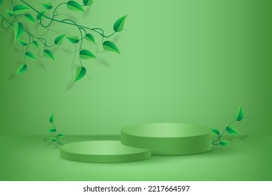 Natural 3d product display podium for mockup cosmetics. 3d realistic cube pedestal with green leaves.The stage for the showcase. Minimalist wall scene for mockup product display.3d podium vector.
