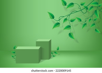 Natural 3d product display podium for mockup cosmetics. 3d realistic cube pedestal with green leaves.The stage for the showcase. Minimalist wall scene for mockup product display.3d podium vector.