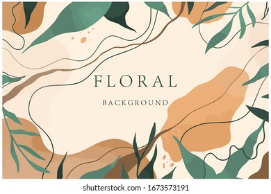 Fondo natural abstracto en colores cálidos. Hojas y elementos líquidos. Imagen vectorial de la plantilla artística universal de moda. Ideal para carteles, tarjetas de invitación, portada, folleto, banner, volante.