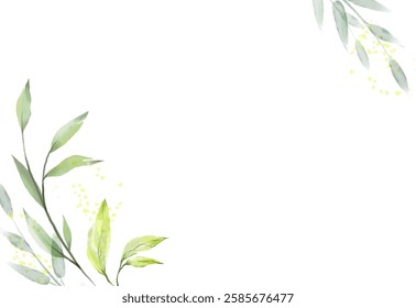 Natural abstract background with watercolor green branches and leaves. Leaf frame. Art vector illustration for poster, wedding invitation, card, flyer, cover, banner, placard, brochure, social media