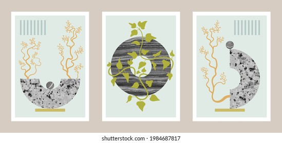 Natural abstract botanical art set with stones