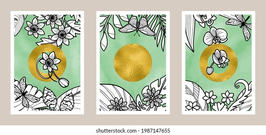 Natural abstract botanical art set with watercolor background and gold foil circles