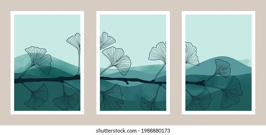 Natural abstract botanical art set with watercolor elemens