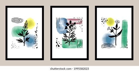 Natural abstract botanical art set with watercolor elements