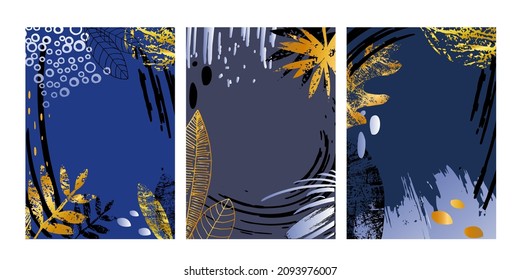 Natural abstract compositions on the dark blue. Floral shapes vector elements for card,  invitation, poster, social media, post publication. Unique backgrounds with text place.