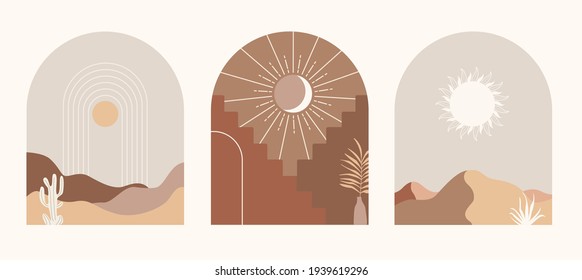 Natural abstract contemporary aesthetic background with landscape, desert, sand dunes ,geometric balance shapes, rainbow and sun. Terracotta colors. Boho wall decor.Home decor wall prints in interior.