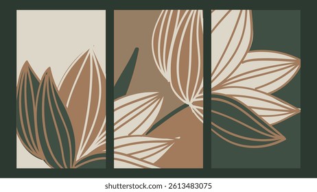 Natural abstract Flower on set with line art. Mid century modern minimalist art print. Abstract backgrounds landscape. vector illustrations. with the leaf on top off it.