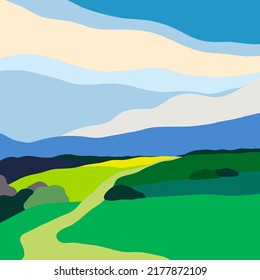 Natural abstract Landscape. Colorful sky, field, grass, green hills, horizon. Flat design. Nature, tourism, travel concept. Hand drawn trendy Vector illustration. Square background