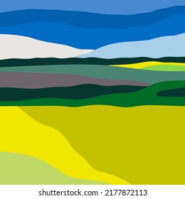 Natural abstract Landscape. Colorful sky, field, grass, green hills, horizon. Flat design. Nature, tourism, travel concept. Hand drawn trendy Vector illustration. Square background