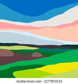 Natural abstract Landscape. Colorful sky, field, grass, green hills, horizon. Flat design. Nature, tourism, travel concept. Hand drawn trendy Vector illustration. Square background