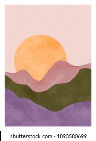 Natural abstract mountain, forest, hill and sun on set. Mid century modern minimalist art print. Abstract contemporary aesthetic backgrounds landscape. vector illustrations