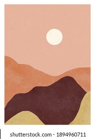 Natural abstract mountain, forest, hill and sun on set. Mid century modern minimalist art print. Abstract contemporary aesthetic backgrounds landscape. vector illustrations