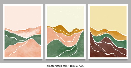 Montaña natural abstracta, bosque, ola en el escenario. Impresión moderna de arte minimalista de mediados de siglo. Resumen del paisaje estético contemporáneo. ilustraciones vectoriales