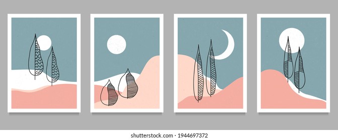 Natural abstract mountain landscape background on set. creative minimalist illustrations of Mid century modern. mountain, forest, sea, sky, wave