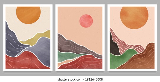 Natural abstract mountain on set. Mid century modern minimalist art print. Abstract contemporary aesthetic backgrounds landscape. vector illustrations