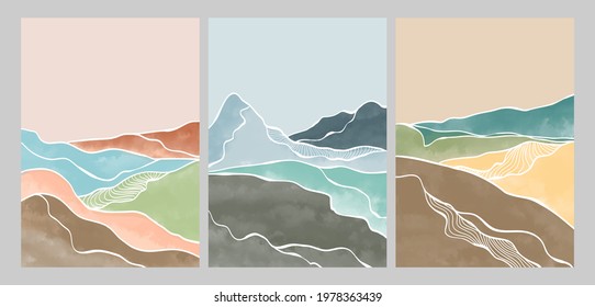 Natural abstract mountain on set. Mid century modern minimalist art print. Abstract contemporary aesthetic backgrounds landscape. vector illustrations