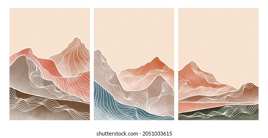 Natural abstract mountain on set with line art. Mid century modern minimalist art print. Abstract backgrounds landscape. vector illustrations