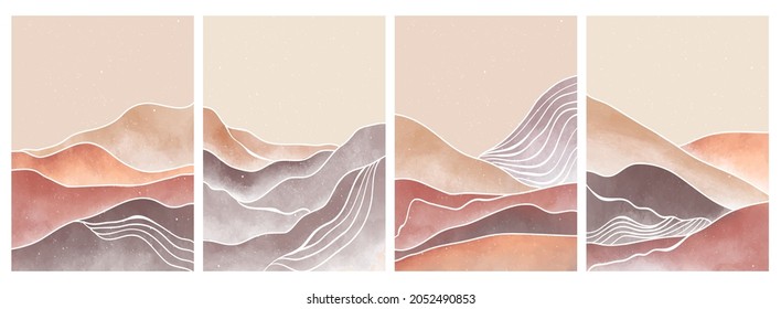 Natural abstract mountain on set with line art. Mid century modern minimalist art print. Abstract backgrounds landscape. vector illustrations