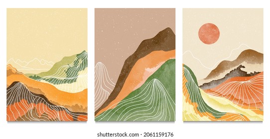 Natural abstract mountain on set with line art. Mid century modern minimalist art print. Abstract backgrounds landscape. vector illustrations