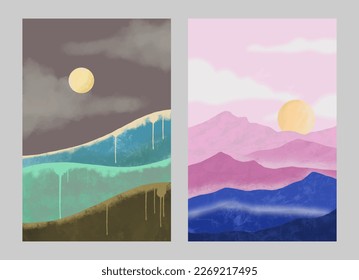 Natural abstract mountain on set. Mid century modern minimalist art print. Abstract contemporary aesthetic backgrounds landscape. vector illustrations