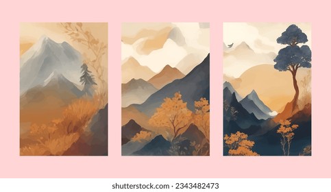 Natural abstract mountain on set. Mid century modern minimalist art print. Abstract contemporary aesthetic backgrounds landscape. vector illustrations