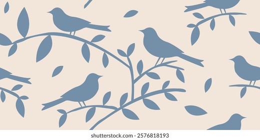 Natural abstract pattern hand-drawn birds, flowers, leaves blue color, seamless designs on textiles, clothing, gift wrapping, banners, home decor, abstract backgrounds. Vector illustration.