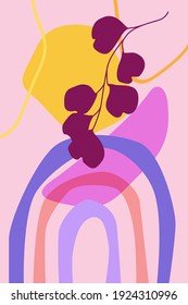 Natural abstract rainbows, arches and stone shapes in a modern style with a branch of leaves interior poster, print, postcard, cover, carpet design, bedspreads.