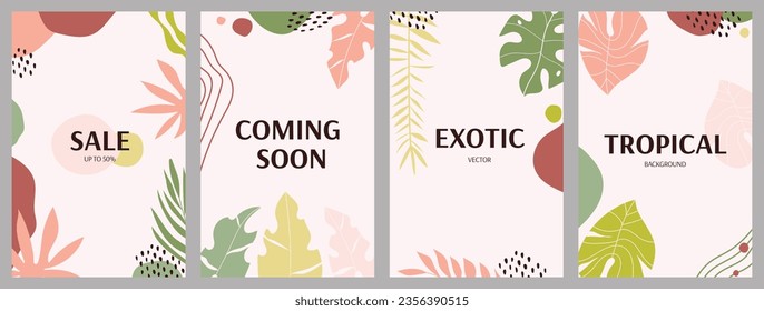 Natural abstract set of vector art of nature. A modern organic collection with smooth shapes and tropical leaves. Trendy boho style design. Template for marketing, advertising, social media