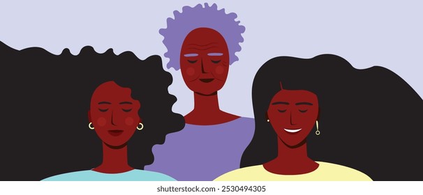 Natural African women together as imperfect perfection concept, premium flat vector stock illustration for BIPOC beauty treatments