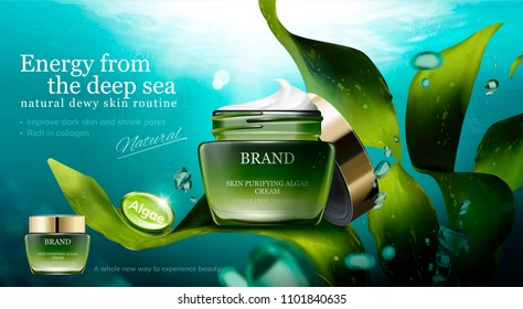 Natural algae skin care product under the sea with cream jar and bubbles in 3d illustration