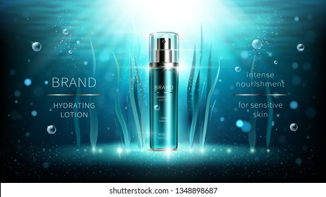 Natural algae vector cosmetic realistic ads poster. Spray bottle with lotion and seaweed on blue underwater background with air bubbles and rays. Mock up for magazine or catalog with organic cosmetics