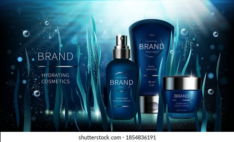 Natural algae vector cosmetic realistic ads poster. Spray bottle, cream jar and seaweed on blue underwater background with air bubbles and rays. Mock up for magazine or catalog with organic cosmetics