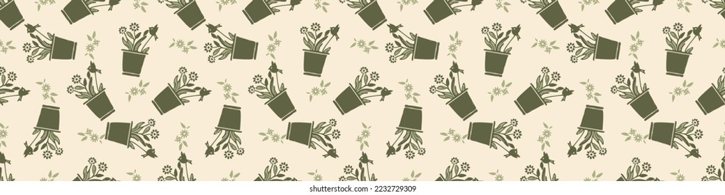 Natural allotment floral vector border. Seamless garden growing floral banner. Hand drawn decorative pretty botanical endless washi tape. 