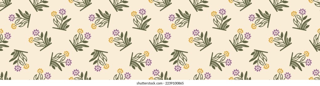 Natural allotment floral vector border. Seamless garden growing floral banner. Hand drawn decorative pretty botanical endless washi tape. 