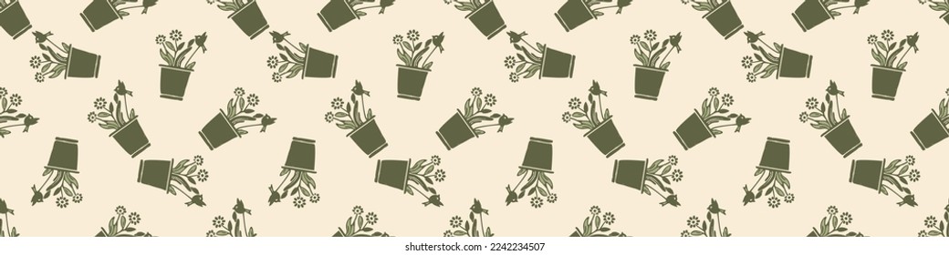 Natural allotment floral vector border. Seamless garden growing floral banner. Hand drawn decorative pretty botanical endless washi tape. 