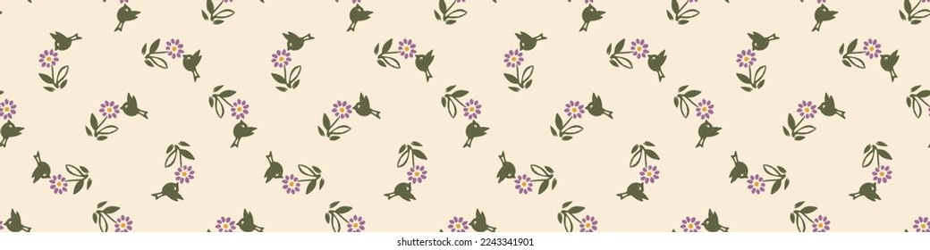 Natural allotment floral vector border. Seamless garden growing floral banner. Hand drawn decorative pretty botanical endless washi tape. 