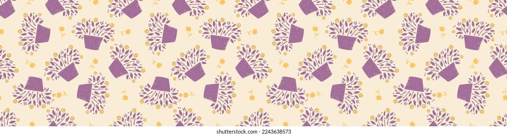 Natural allotment floral vector border. Seamless garden growing floral banner. Hand drawn decorative pretty botanical endless washi tape. 
