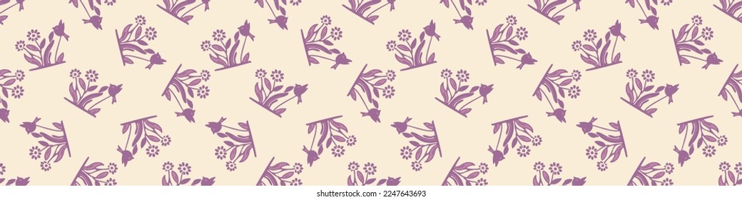Natural allotment floral vector border. Seamless garden growing floral banner. Hand drawn decorative pretty botanical endless washi tape. 
