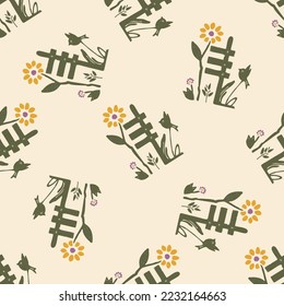 Natural allotment floral vector pattern. Seamless garden growing floral tile. Hand drawn decorative pretty botanical with bird all over print. 