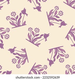 Natural allotment floral vector pattern. Seamless garden growing floral tile. Hand drawn decorative pretty botanical with bird all over print. 
