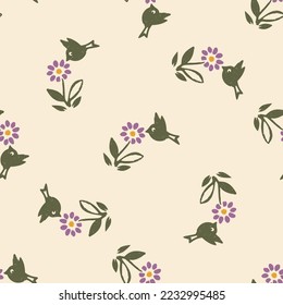 Natural allotment floral vector pattern. Seamless garden growing floral tile. Hand drawn decorative pretty botanical with bird all over print. 