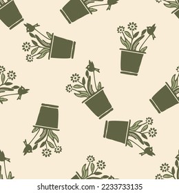 Natural allotment floral vector pattern. Seamless garden growing floral tile. Hand drawn decorative pretty botanical with bird all over print. 