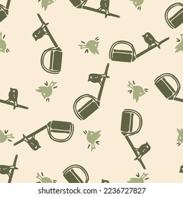 Natural allotment floral vector pattern. Seamless garden growing floral tile. Hand drawn decorative pretty botanical with bird all over print. 