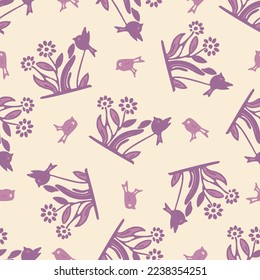Natural allotment floral vector pattern. Seamless garden growing floral tile. Hand drawn decorative pretty botanical with bird all over print. 