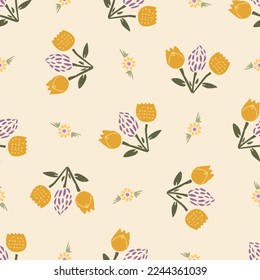 Natural allotment floral vector pattern. Seamless garden growing floral tile. Hand drawn decorative pretty botanical all over print. 