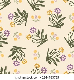 Natural allotment floral vector pattern. Seamless garden growing floral tile. Hand drawn decorative pretty botanical all over print. 