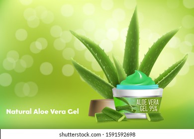 Natural aloe vera gel vector advertising poster template. Aloe vera soothing gel skin care and beauty cosmetic product brand advertisement.