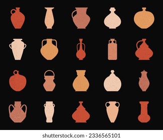 Natural ancient vases and jugs set. Silhouette collection of icons with jur. Vector pottery icons for design. Ceramic pot set. Retro ceramic vases in boho style. Clay products in traditional style