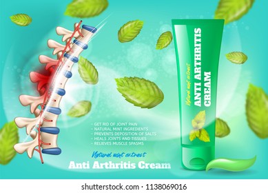 Natural Anti Arthritis Cream with Mint Extract Vector Promotion Poster or Banner with Medical Product Benefits Text List, Cream Plastic Tube, Sick Human Spine Pain Relief and Mint Leaves Illustrations